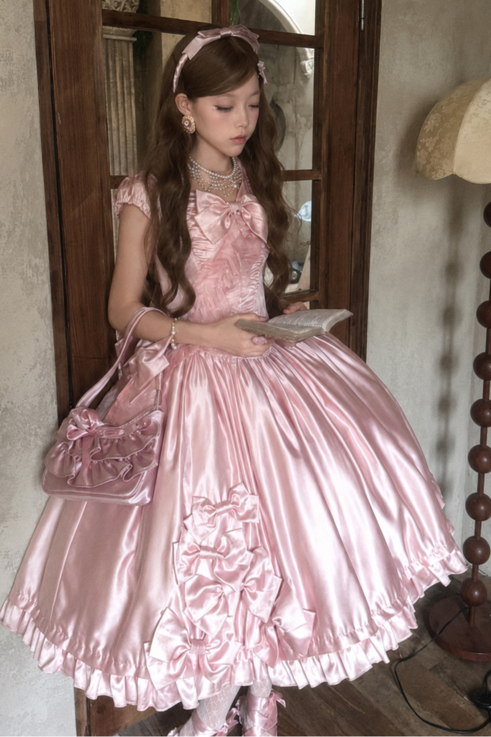 [Pre-order Deadline: August 8] Elegant Silver Satin Lolita Romantic Ribbon Dress Set