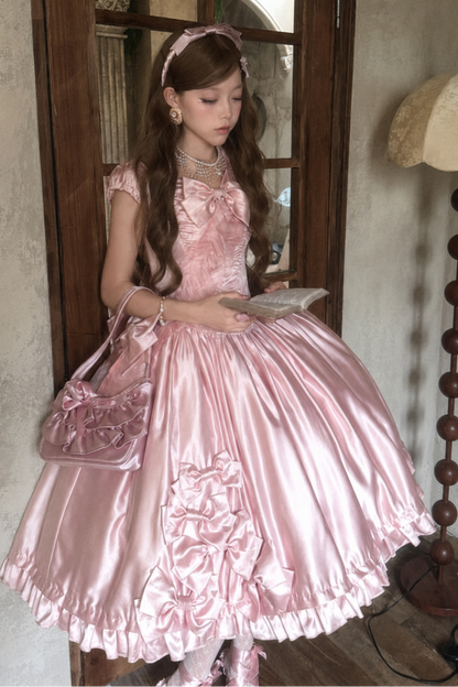 [Pre-order Deadline: August 8] Elegant Silver Satin Lolita Romantic Ribbon Dress Set