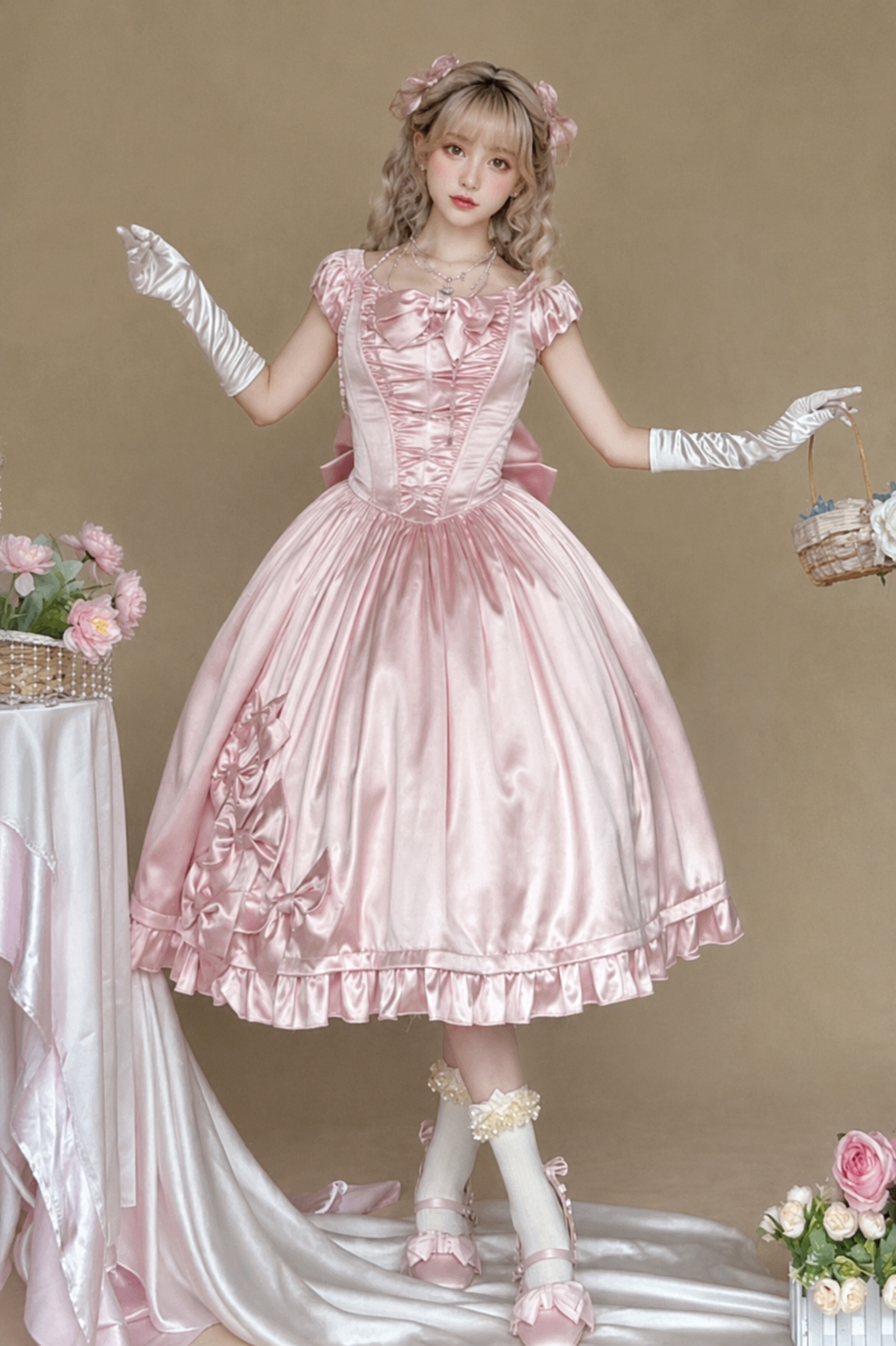 [Pre-order Deadline: August 8] Elegant Silver Satin Lolita Romantic Ribbon Dress Set