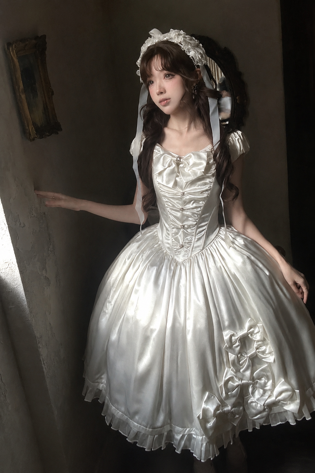 [Pre-order Deadline: August 8] Elegant Silver Satin Lolita Romantic Ribbon Dress Set