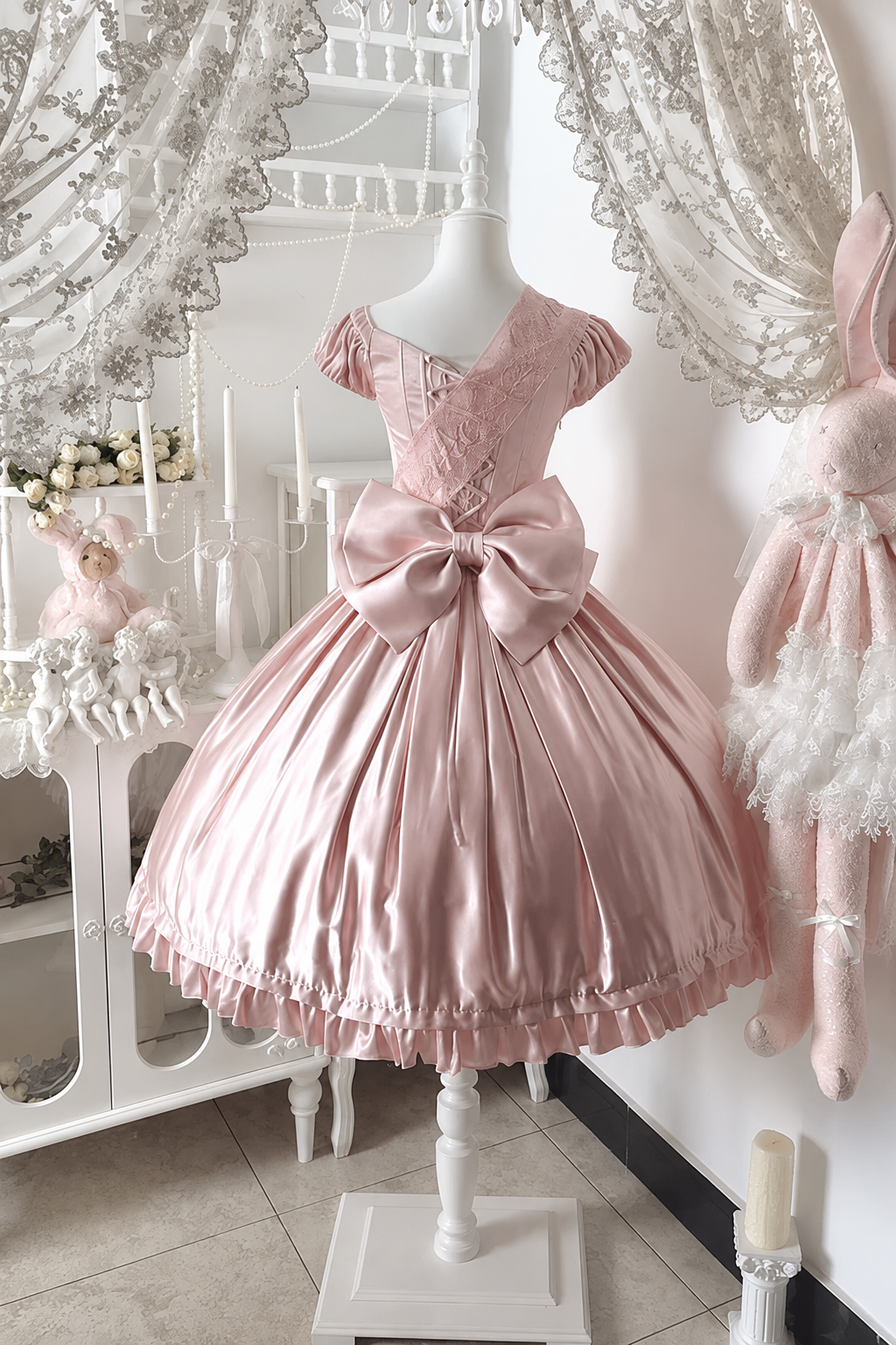 [Pre-order Deadline: August 8] Elegant Silver Satin Lolita Romantic Ribbon Dress Set