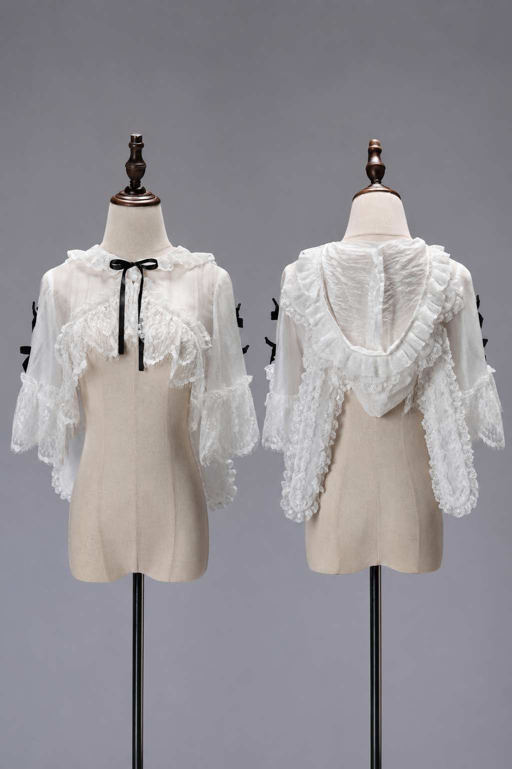 [Reservierungsschluss 18. August] Weiße Fairy-Lace-Rüschen-Lolita-Kapuzen-Shortjacke mit Hasenohren + Innenrock (Petticoat)