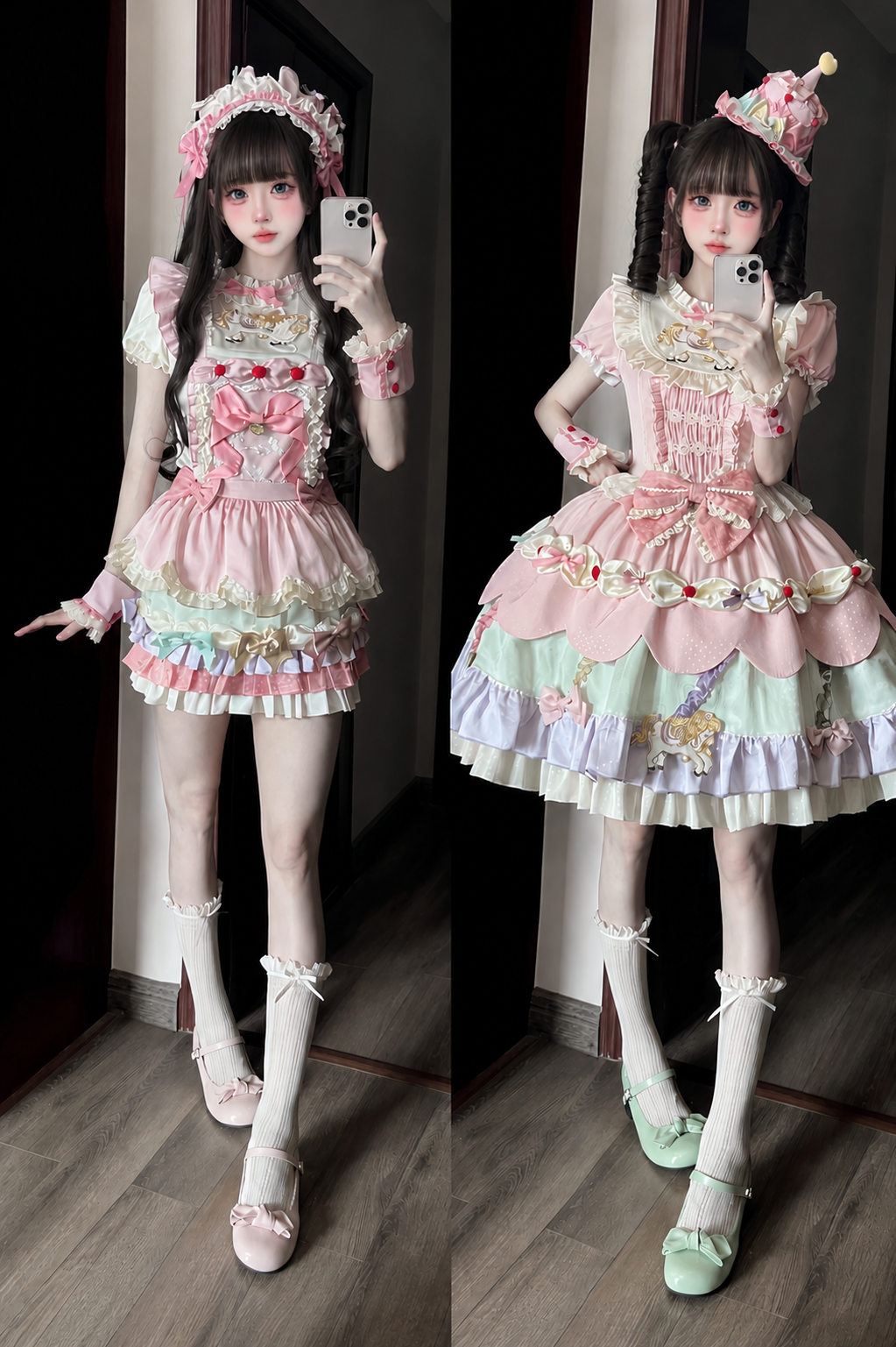 [Reservierungsschluss: 20. August] Dream-Parade Sweet-Lolita-Bluse mit Stickerei und Rüschen + gestuftes JKS-Kleidset mit Pastellschleife