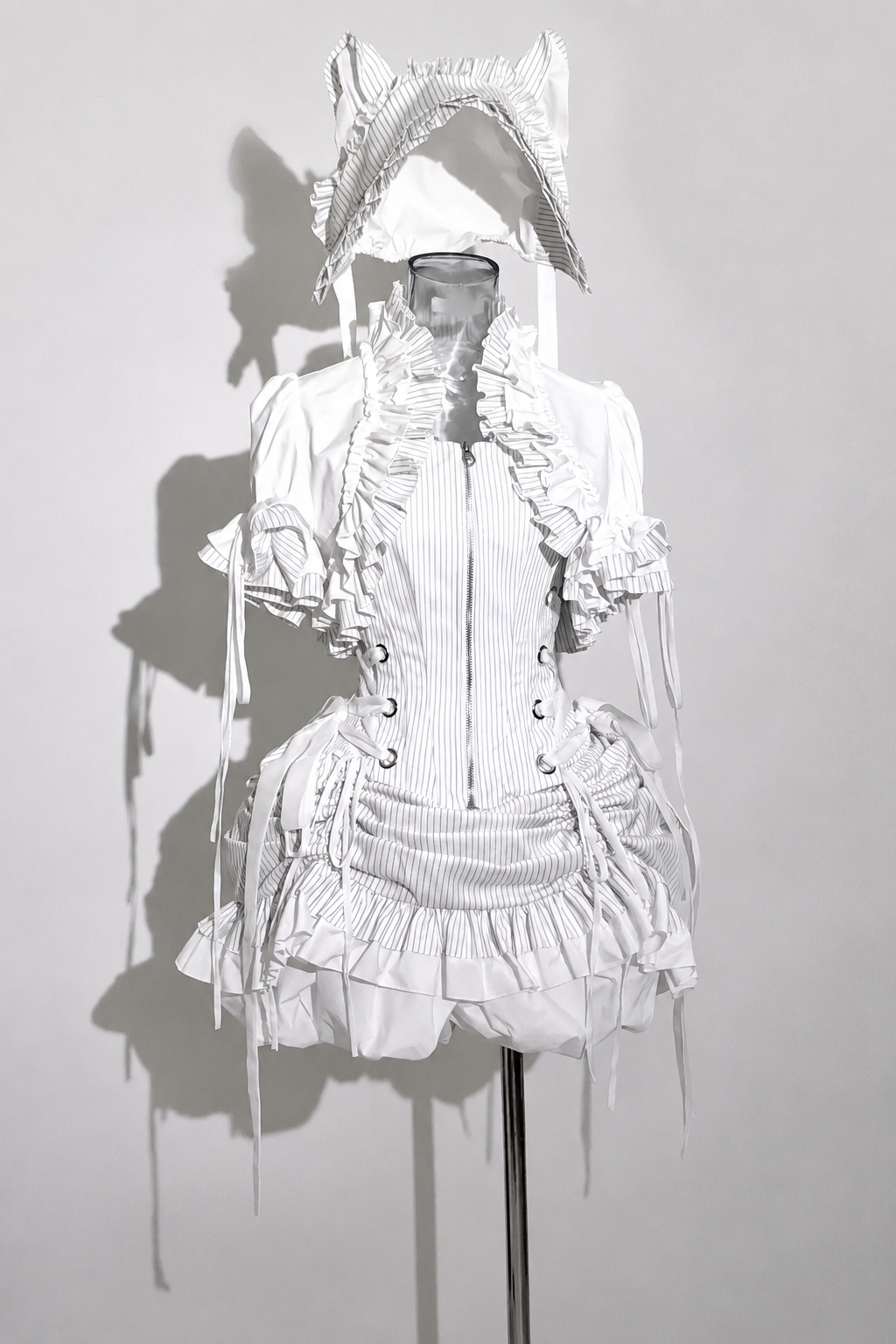 [Vorbestellschluss: 8. August] Gothic-Lolita Dark-Cat gestreifte kurze Rüschenjacke+Korsett-Bustier+hochziehbare kurze Rüschenshorts