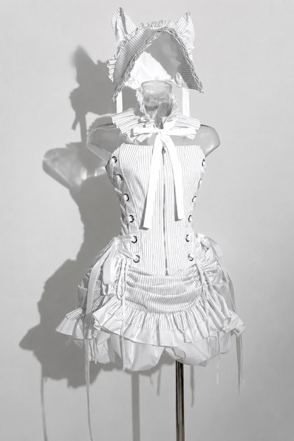 [Vorbestellschluss: 8. August] Gothic-Lolita Dark-Cat gestreifte kurze Rüschenjacke+Korsett-Bustier+hochziehbare kurze Rüschenshorts