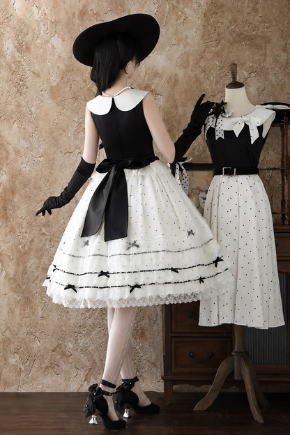 [Date limite de réservation : 17 août] Robe lolita élégante à pois, col classique, superposition de tulle et ruban + ensemble complet