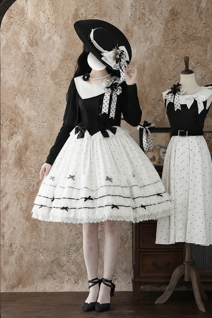 [Date limite de réservation : 17 août] Robe lolita élégante à pois, col classique, superposition de tulle et ruban + ensemble complet