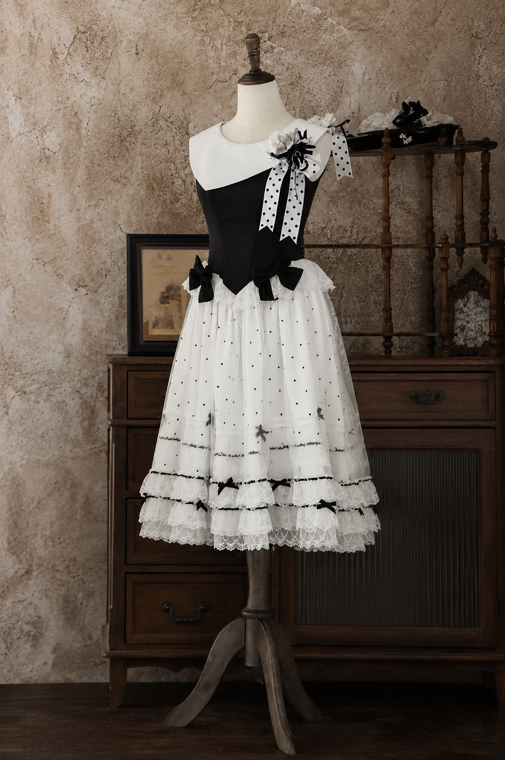 [Date limite de réservation : 17 août] Robe lolita élégante à pois, col classique, superposition de tulle et ruban + ensemble complet