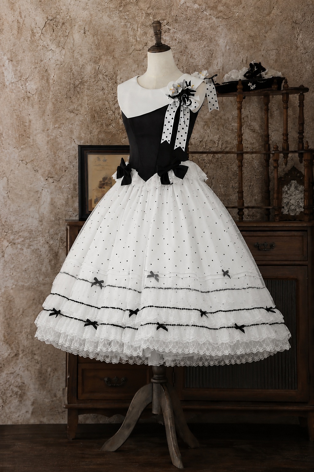 [Date limite de réservation : 17 août] Robe lolita élégante à pois, col classique, superposition de tulle et ruban + ensemble complet