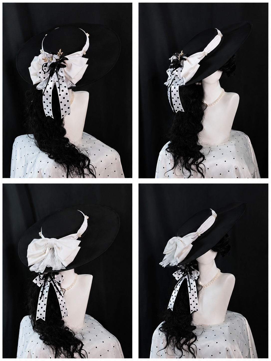 [Reservierungsfrist: 17. August] Accessoires der eleganten klassischen Lolita-Serie mit Polka Dots (schwarzer Hut mit Blumen-Schleifenclip floraler Brosche)