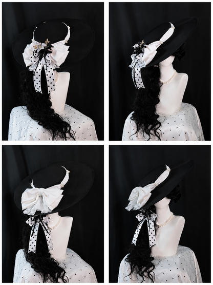 [Reservierungsfrist: 17. August] Accessoires der eleganten klassischen Lolita-Serie mit Polka Dots (schwarzer Hut mit Blumen-Schleifenclip floraler Brosche)