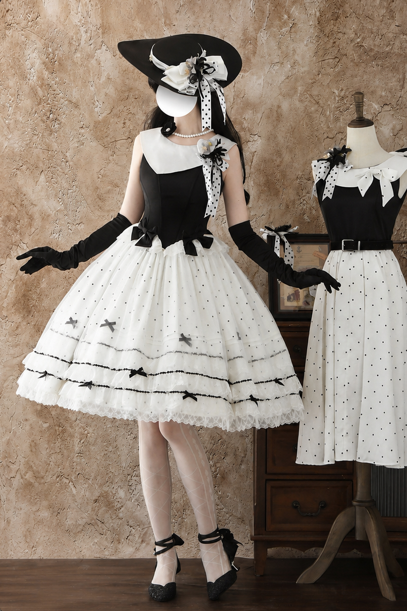 [Date limite de réservation : 17 août] Robe lolita élégante à pois, col classique, superposition de tulle et ruban + ensemble complet