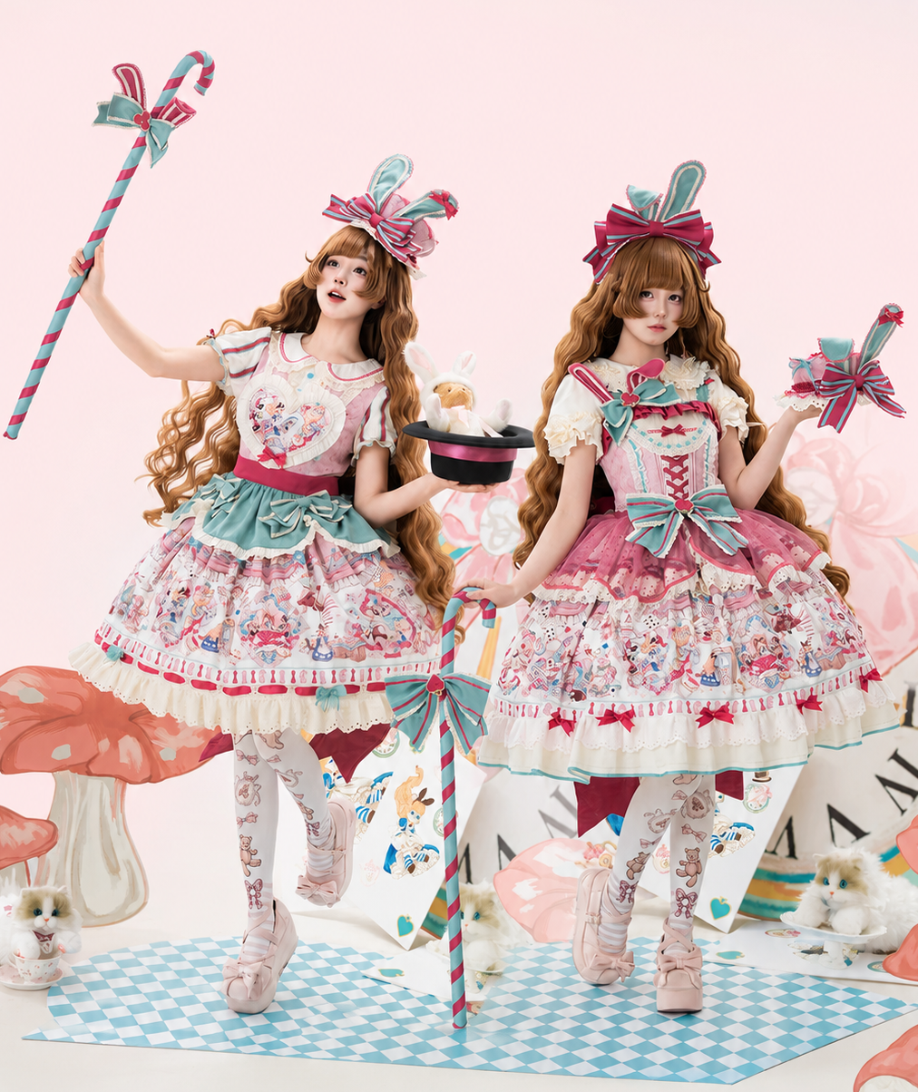 [Pre-order Deadline: July 1] Pink x Green Alice Cat Sweet Lolita Puff Sleeve OP Dress (with Ribbon Apron and Playing Card Motif Waist Belt)