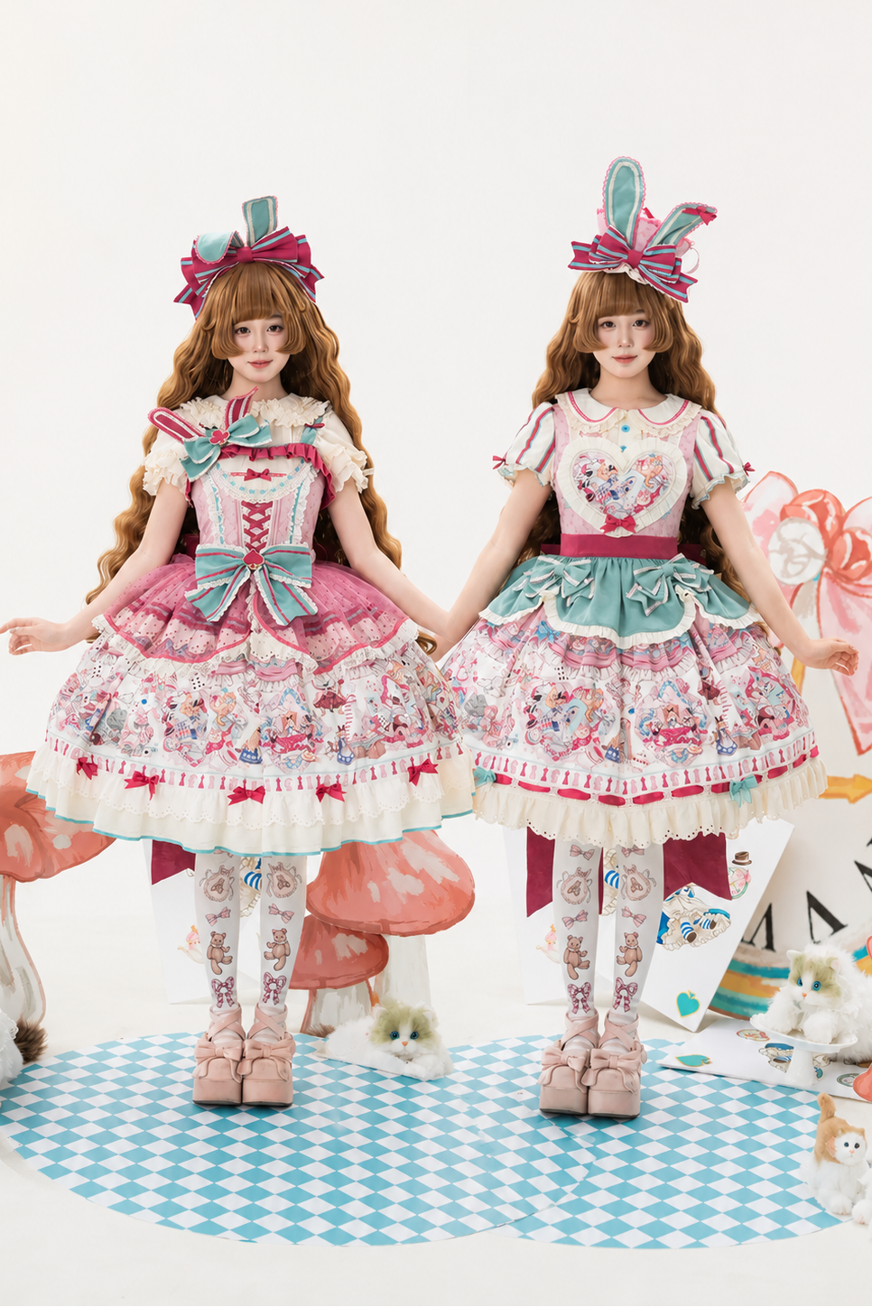 [Pre-order Deadline: July 1] Pink x Green Alice Cat Sweet Lolita Puff Sleeve OP Dress (with Ribbon Apron and Playing Card Motif Waist Belt)