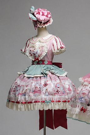 [Pre-order Deadline: July 1] Pink x Green Alice Cat Sweet Lolita Puff Sleeve OP Dress (with Ribbon Apron and Playing Card Motif Waist Belt)