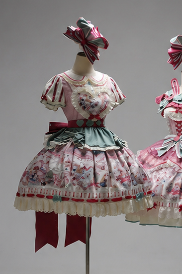 [Pre-order Deadline: July 1] Pink x Green Alice Cat Sweet Lolita Puff Sleeve OP Dress (with Ribbon Apron and Playing Card Motif Waist Belt)
