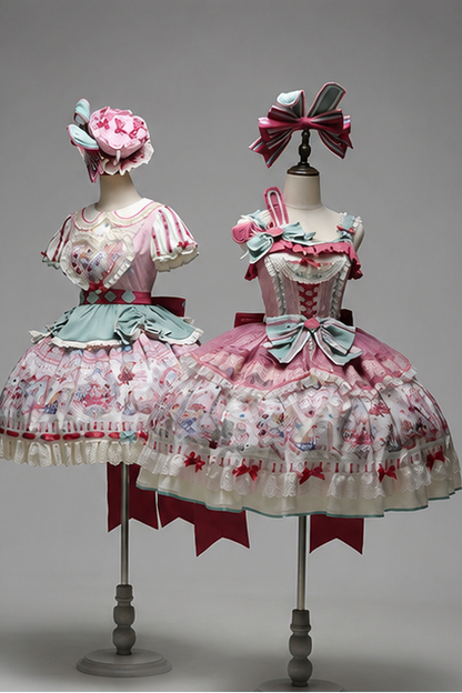 [Date limite de précommande : 1er juillet] Robe JSK sweet lolita rose x verte Alice Chat à nœud (avec surjupe en tulle à pois)