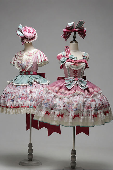 [Reservierungsschluss 16. Juli] Rosa x grünes Alice-Katzen-Sweet-Lolita-Schleifen-JKS-Kleid (mit gepunktetem Tüll-Überrock)