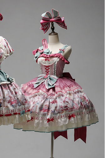 [Date limite de précommande : 1er juillet] Robe JSK sweet lolita rose x verte Alice Chat à nœud (avec surjupe en tulle à pois)