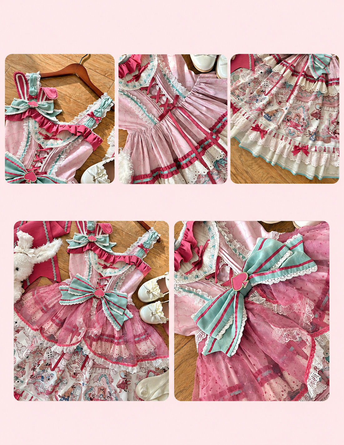 [Date limite de précommande : 1er juillet] Robe JSK sweet lolita rose x verte Alice Chat à nœud (avec surjupe en tulle à pois)