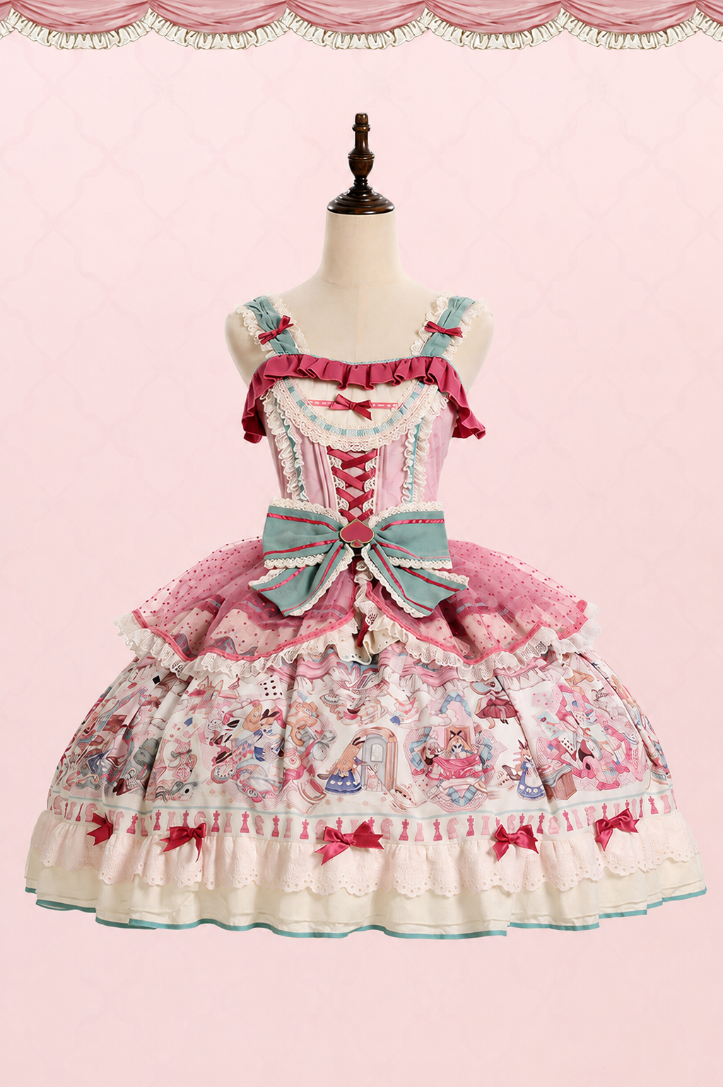 [Date limite de précommande : 1er juillet] Robe JSK sweet lolita rose x verte Alice Chat à nœud (avec surjupe en tulle à pois)