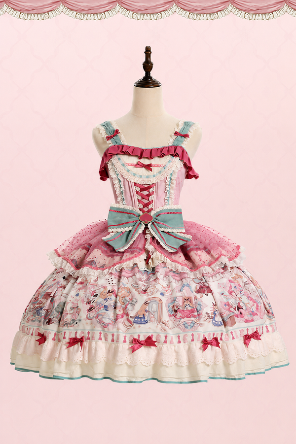 [Pre-order Deadline: July 1] Pink x Green Alice Cat Sweet Lolita Ribbon JSK Dress (with Dotted Tulle Overskirt)