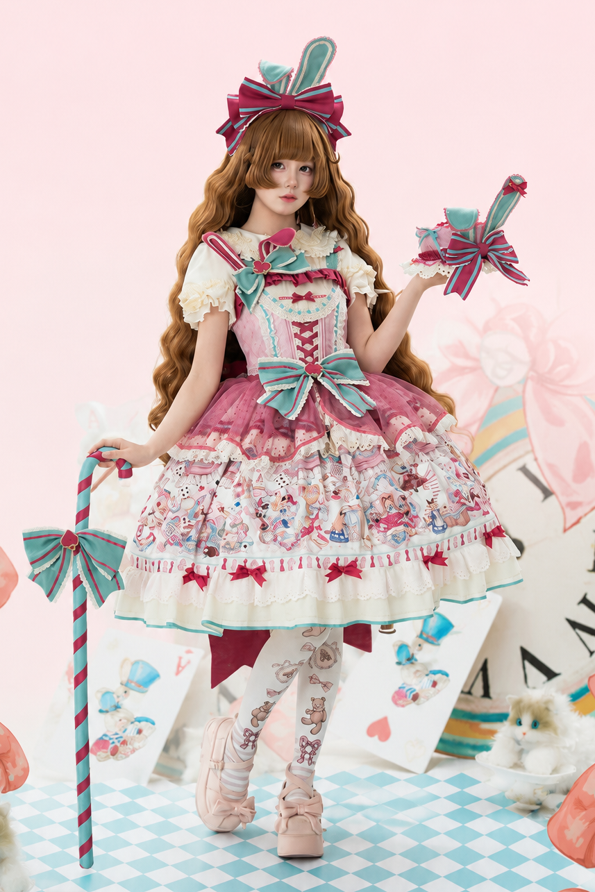 [Scadenza prenotazioni 16 luglio] Abito JKS Lolita dolce rosa x verde con gatto Alice e fiocco (con sopragonna in tulle a pois)