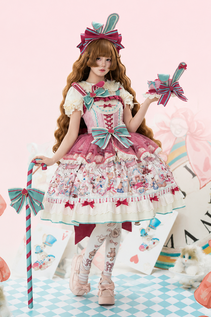 [Scadenza prenotazioni 16 luglio] Abito JKS Lolita dolce rosa x verde con gatto Alice e fiocco (con sopragonna in tulle a pois)