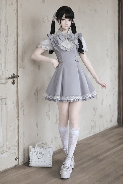 [Vorbestellschluss 15. Juli] Blaugrau-weißes süßes Kleid mit Schleifen, Spitze, Rüschen und Puffärmeln + Shorts-Set
