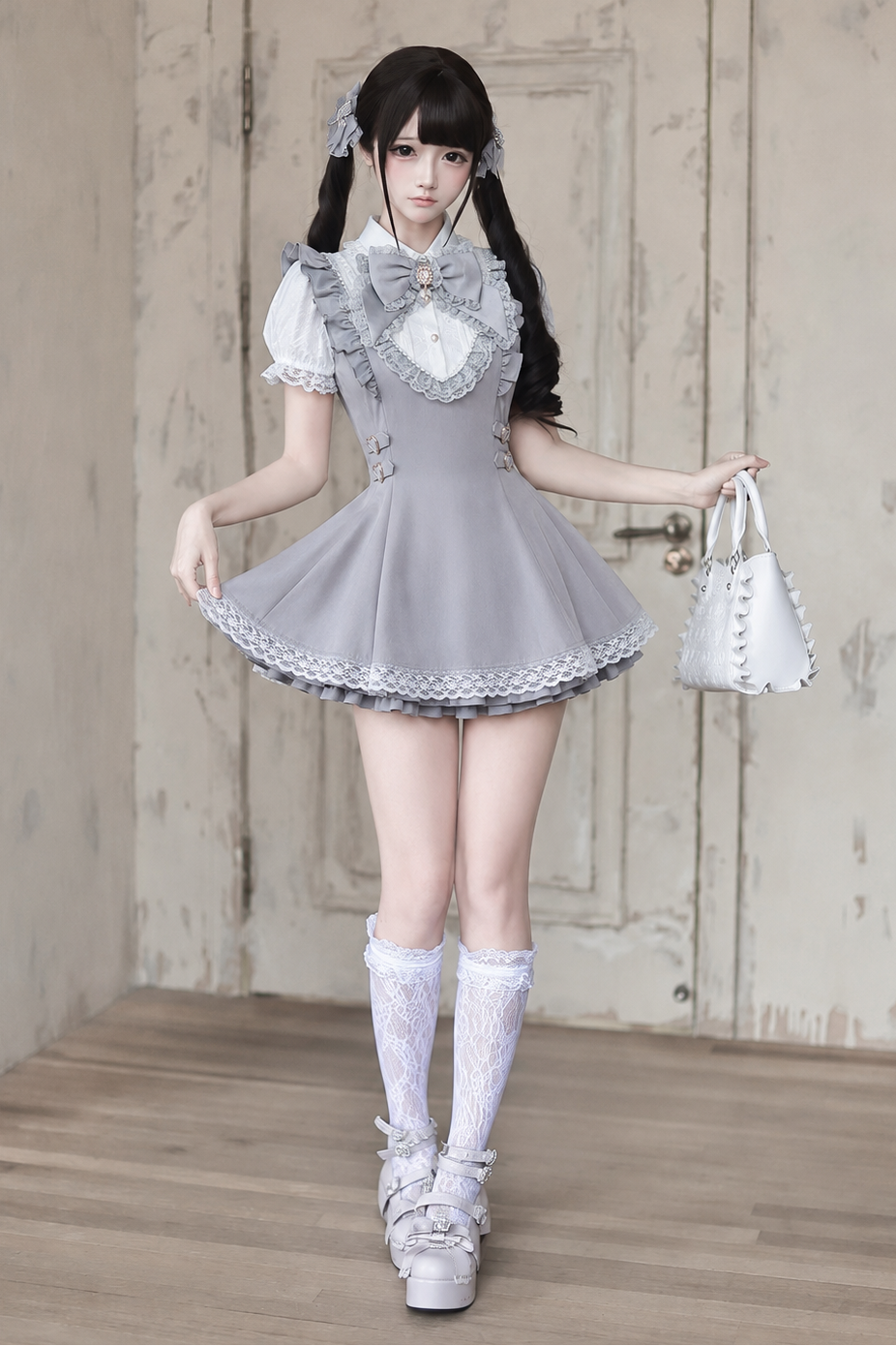[Vorbestellschluss 15. Juli] Blaugrau-weißes süßes Kleid mit Schleifen, Spitze, Rüschen und Puffärmeln + Shorts-Set