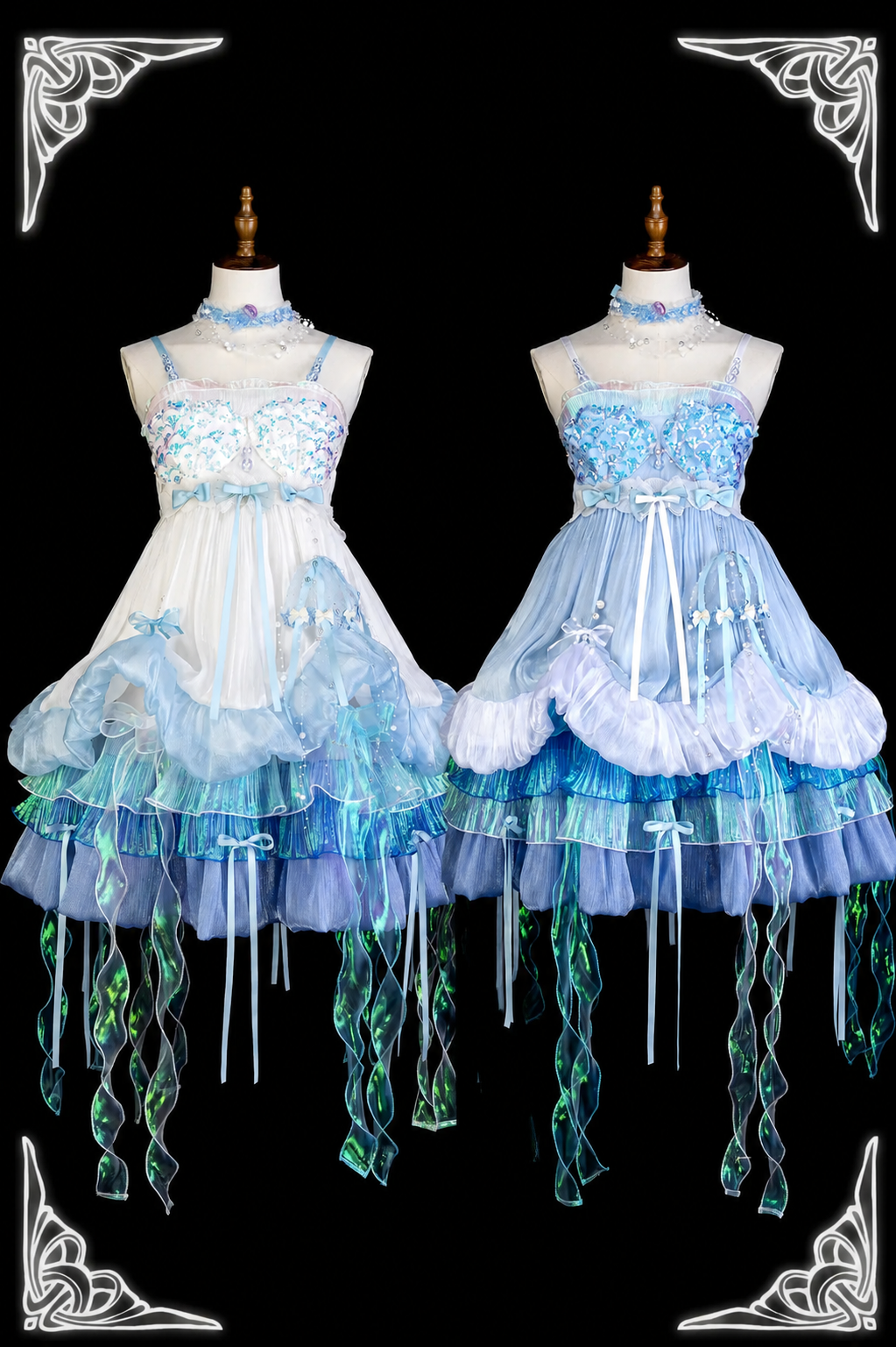 [Date limite de précommande : 1er août] Robe JKS lolita féerique méduse océan blanc x bleu à superpositions avec traîne aurore