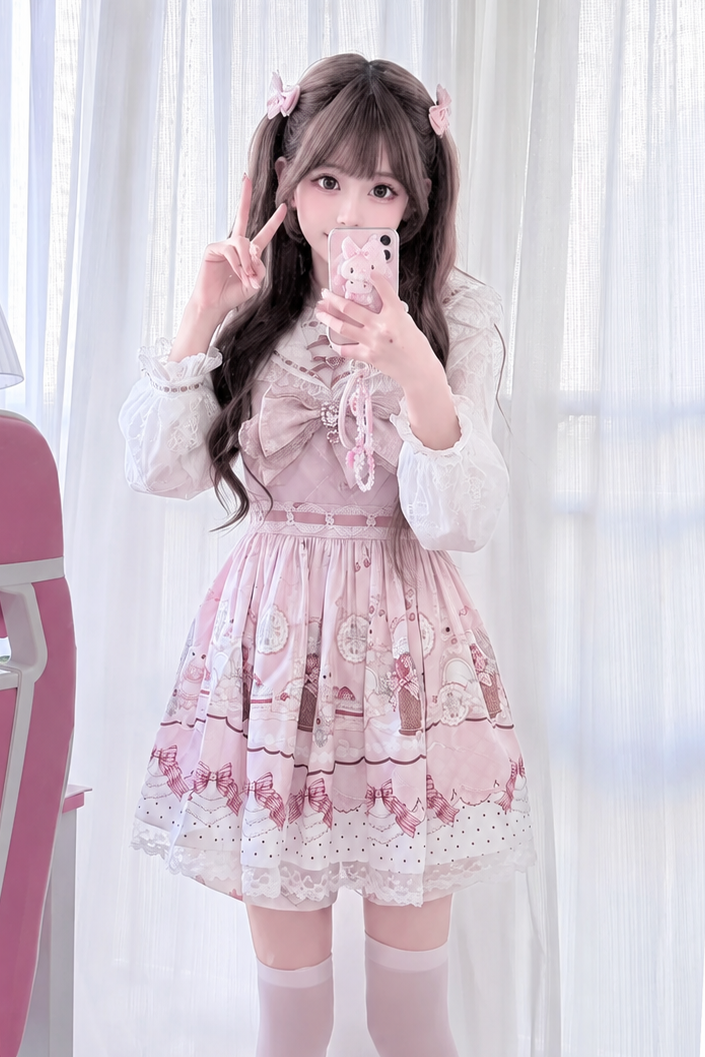 【8月30日予約締切】Pink and white rabbit print lace sailor collar Op dress +pleated dress skirt set＋ 3 Styles of Bow Tie Available