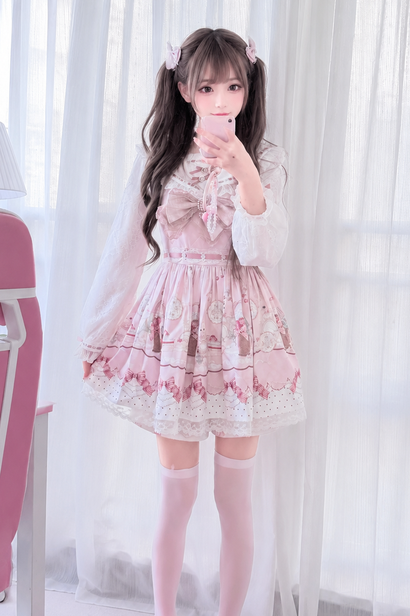 【8月30日予約締切】Pink and white rabbit print lace sailor collar Op dress +pleated dress skirt set＋ 3 Styles of Bow Tie Available