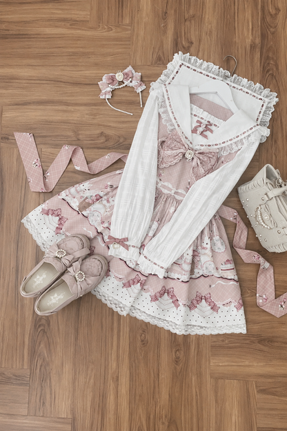 【8月30日予約締切】Pink and white rabbit print lace sailor collar Op dress +pleated dress skirt set＋ 3 Styles of Bow Tie Available