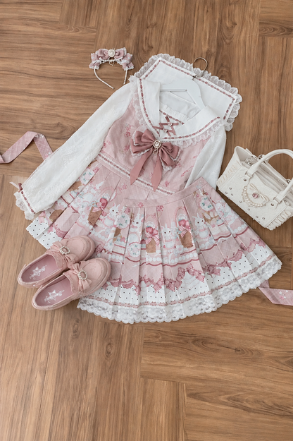 【8月30日予約締切】Pink and white rabbit print lace sailor collar Op dress +pleated dress skirt set＋ 3 Styles of Bow Tie Available