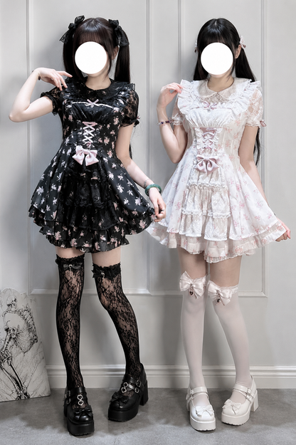 【9月2日予約締切】Romantic Pink Floral Layered Lace Dress＋Matching Shorts ＋ Bow Hairclips ＋ Bow Tie[Full set]