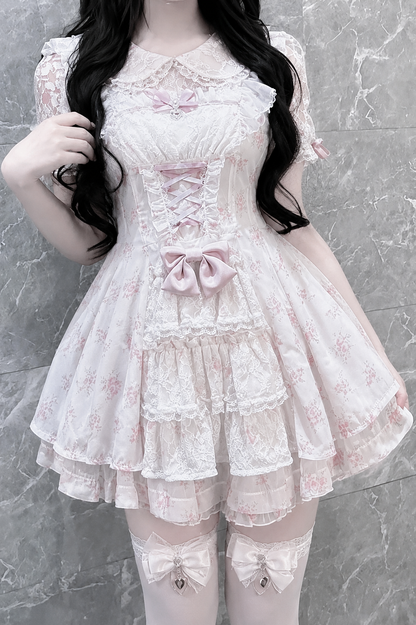 【9月2日予約締切】Romantic Pink Floral Layered Lace Dress＋Matching Shorts ＋ Bow Hairclips ＋ Bow Tie[Full set]