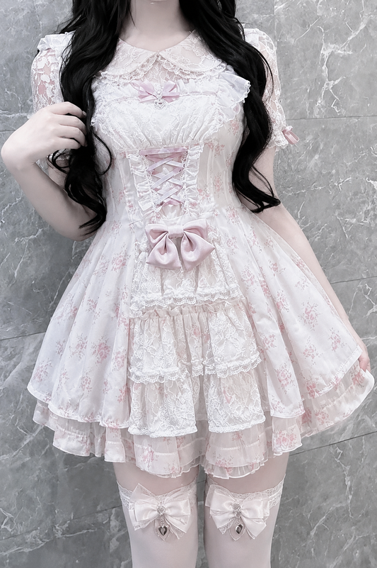 【9月2日予約締切】Romantic Pink Floral Layered Lace Dress＋Matching Shorts ＋ Bow Hairclips ＋ Bow Tie[Full set]