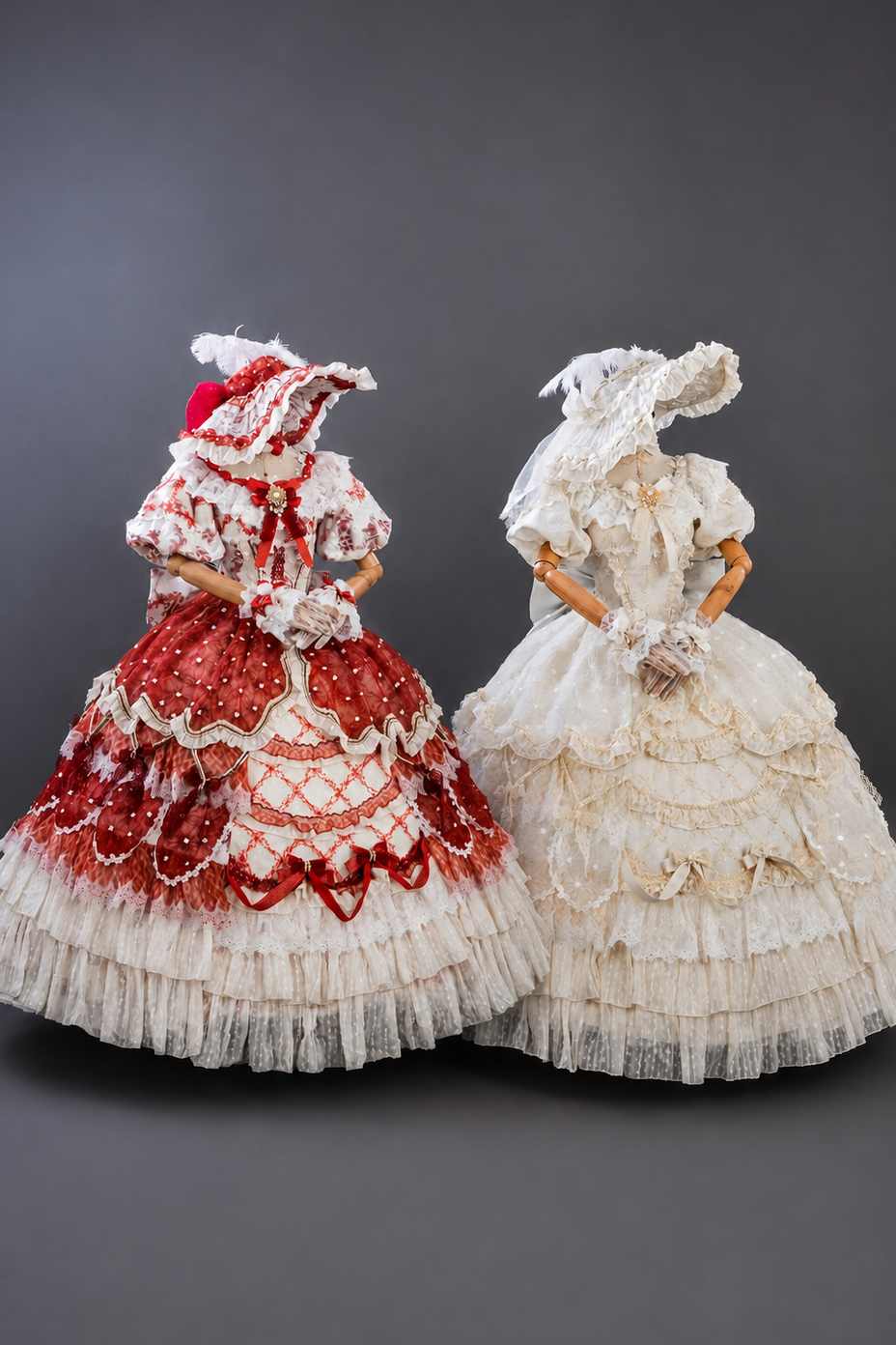 【9月10日予約締切】Red/Platinum Gold Rococo Fantasy Puff Sleeve Ribbon Tiered Princess Lolita Dress Bridal＋Full set[Op Dress + Feather Hat + Choker + Back Ribbon Train + Lace Gloves]