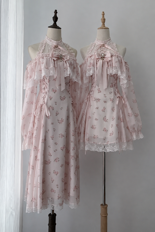 【8月30日予約締切】Pink floral chiffon lace jewel ribbon open shoulder long sleeve dress (short length/long length)