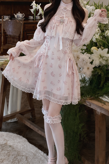 【8月30日予約締切】Pink floral chiffon lace jewel ribbon open shoulder long sleeve dress (short length/long length)