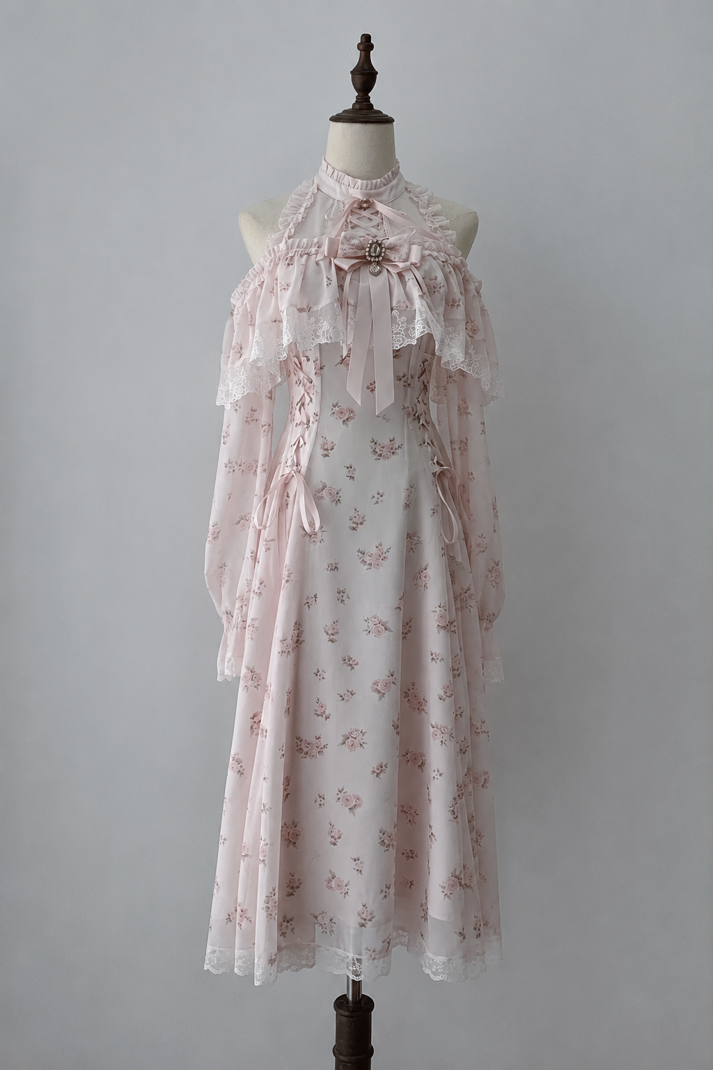 【8月30日予約締切】Pink floral chiffon lace jewel ribbon open shoulder long sleeve dress (short length/long length)