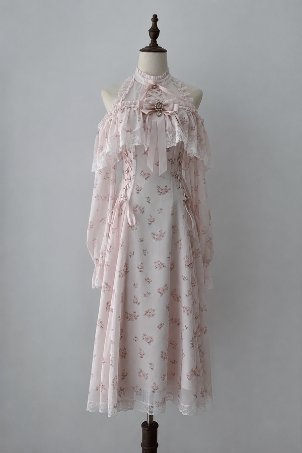 【8月30日予約締切】Pink floral chiffon lace jewel ribbon open shoulder long sleeve dress (short length/long length)