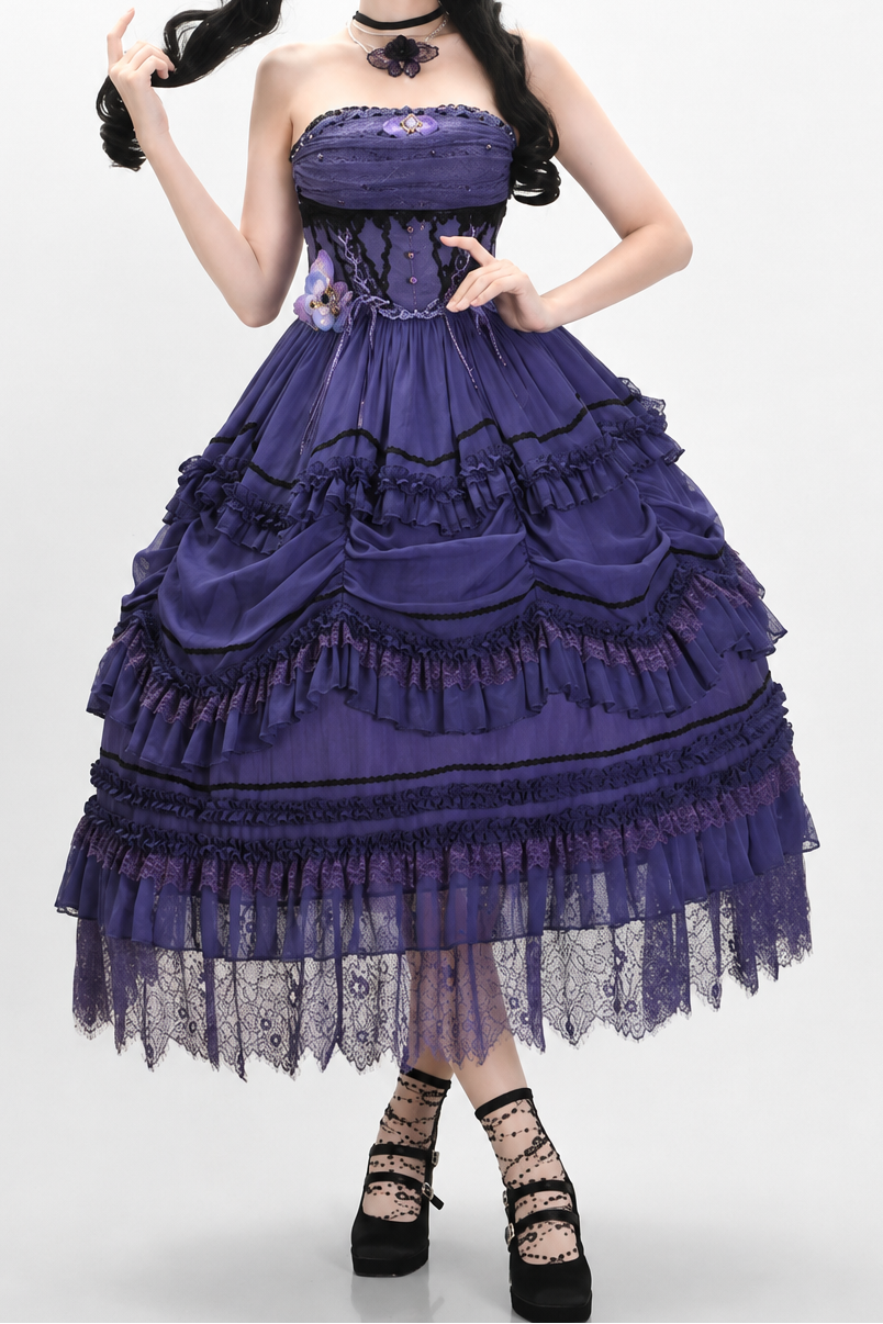 【9月13日予約締切】Purple/Dark Purple Gothic Lolita Tiered Lace Ruffle Skirt