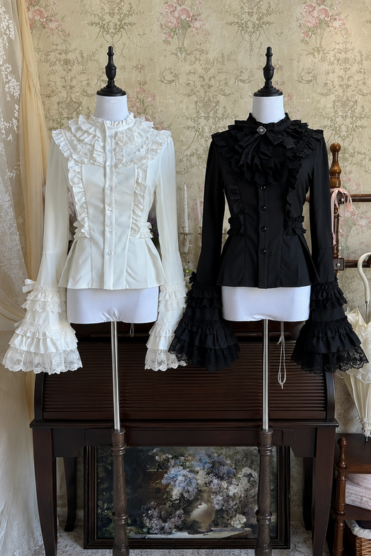 【9月28日予約締切】White/Black Gothic Lolita Lace Frill Bell Sleeve Shirt + Rose Lace Bow Jabot