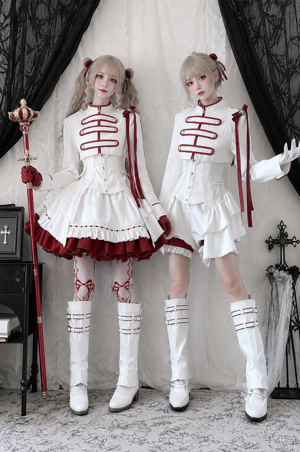 【9月13日予約締切】White Burgundy Military Ruffle Lolita Jacket (with epaulet bow) + Shirt + Short Skirt Set / Shorts Set + Complete set 1/2 (Officer cap + Leg covers + Sash)