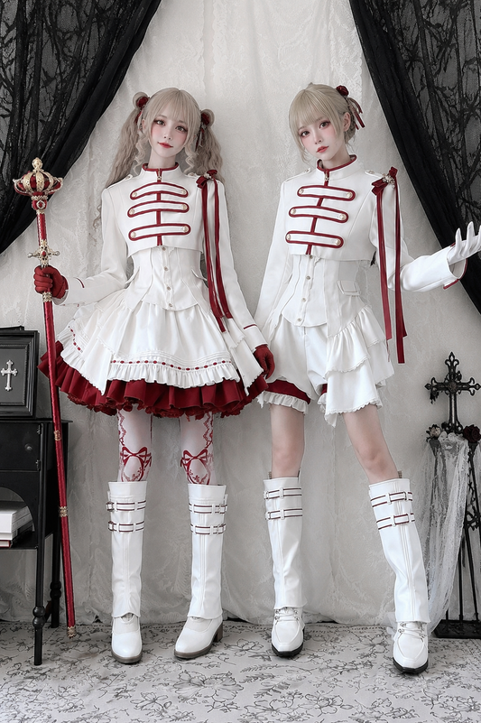 【9月13日予約締切】White Burgundy Military Ruffle Lolita Jacket (with epaulet bow) + Shirt + Short Skirt Set / Shorts Set + Complete set 1/2 (Officer cap + Leg covers + Sash)