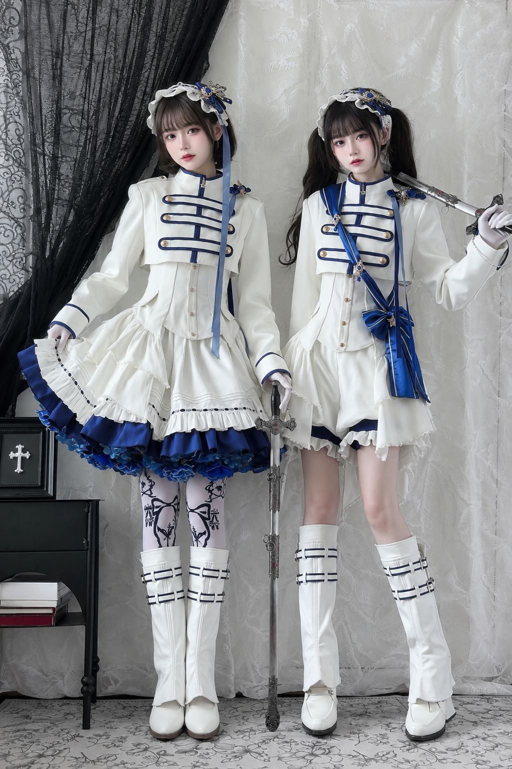 【9月13日予約締切】Blue White Military Ruffle Lolita Jacket (with epaulet bow) + Shirt + Short Skirt Set / Shorts Set + Complete set 1/2 (Officer cap + Leg covers + Sash)