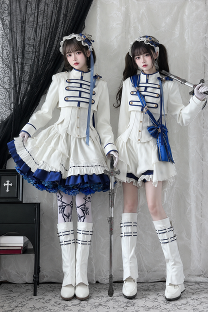 【9月13日予約締切】Blue White Military Ruffle Lolita Jacket (with epaulet bow) + Shirt + Short Skirt Set / Shorts Set + Complete set 1/2 (Officer cap + Leg covers + Sash)