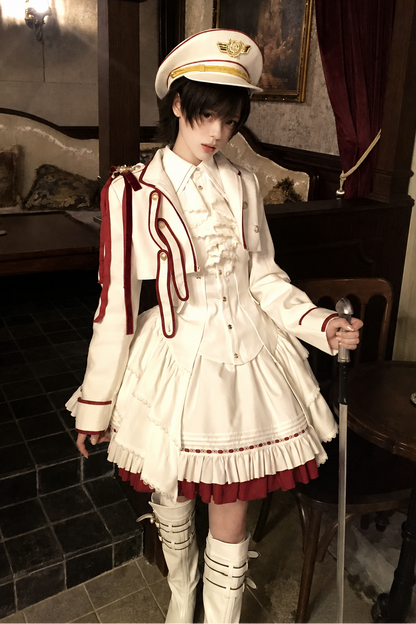 【9月13日予約締切】White Burgundy Military Ruffle Lolita Series Accessories (Officer cap ・ Leg covers ・ Sash)